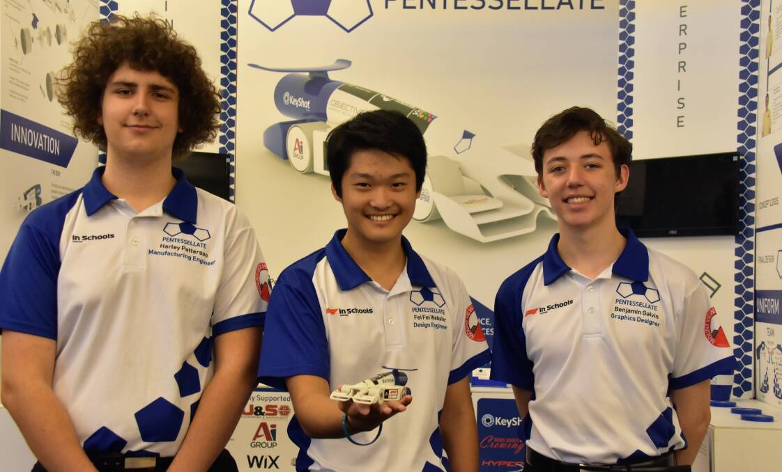 FULL THROTTLE: Mount View High School students Harley Patterson, Fei Fei Webster and Ben Galvin are part of a team heading to Abu Dhabi as part of the F1 in Schools competition. They placed second at the national competition.