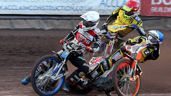 ON TRACK: Hunter rider Jason Doyle leads the way in action for Swindon Robins in the British Elite League.