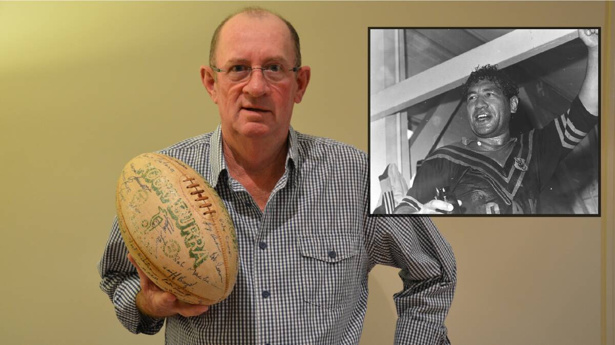 GRAND DAY: Ken McLaughlan with the football signed by Cessnock's 1977 teams. Inset: 1977 captain-coach Henry Tatana. Picture: Krystal Sellars