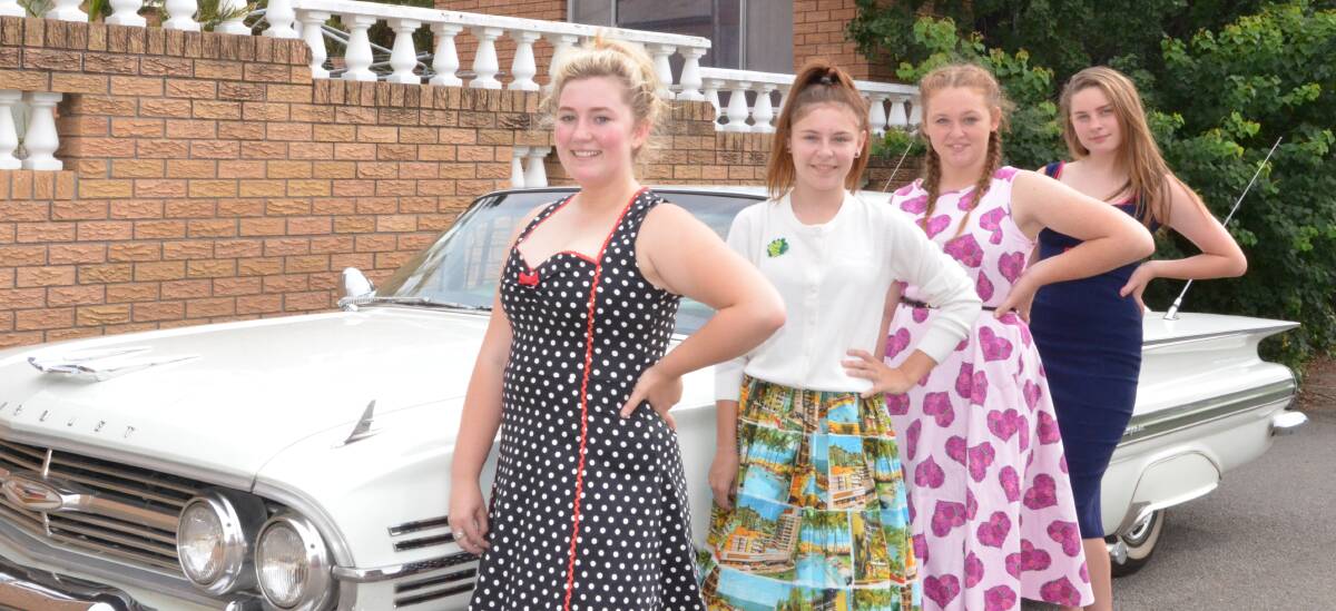 RETRO: Kurri High students Georgia Dembeck, Chelsea Bilby, Tianna Pont and Cassidy Golding are ready for the Nostalgia fashion parade. Picture: Krystal Sellars.