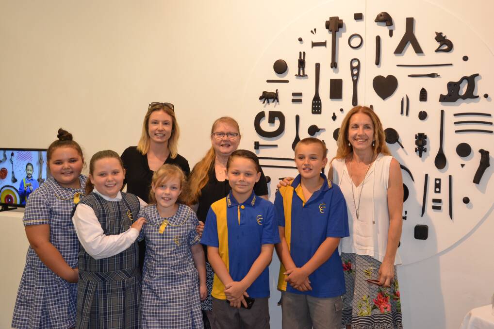 EXCITED: Cessnock East Public School students Starr Want, Anna-Kate Hartas, Maddison Fletcher, Riley Want and Noah Charles and staff Alexandra Bull and Lynn Lidwinski, and artist Leesa Knights' at the opening of 'Salvaged' at Cessnock Regional Art Gallery on October 26. Picture: Krystal Sellars