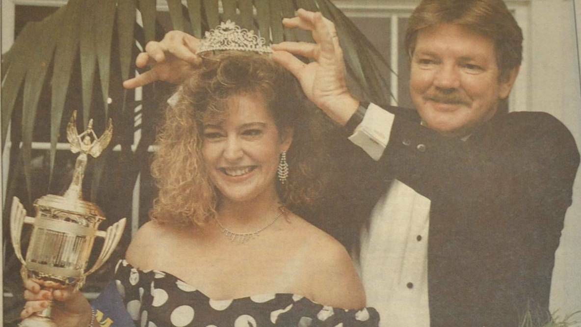 PROUD MOMENT: Miss Cessnock City 1991 Tricia Edwards receives her crown from Advertiser managing editor Bruce Wilson.