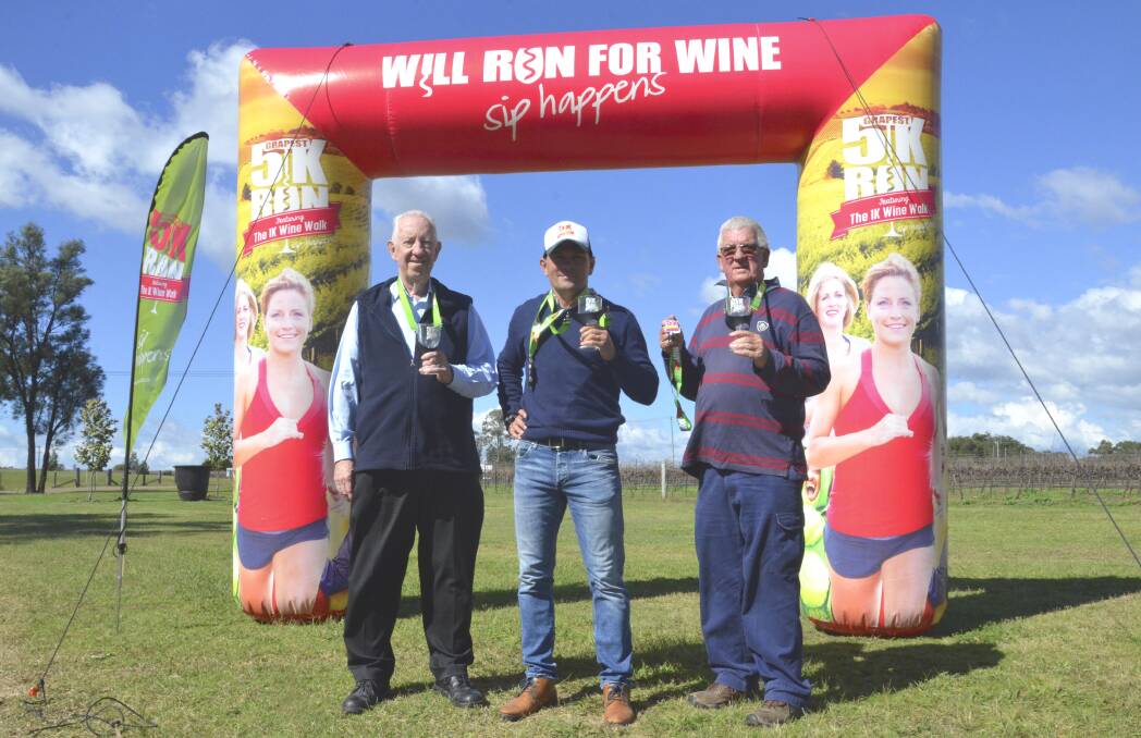 NEW EVENT: Peter O'Meara from Adina Winery, Peter Manning from Centaur Events and Alex Stuart from Domaine de Binet are looking forward to the Grapest 5K in Lovedale on May 6. Picture: Krystal Sellars