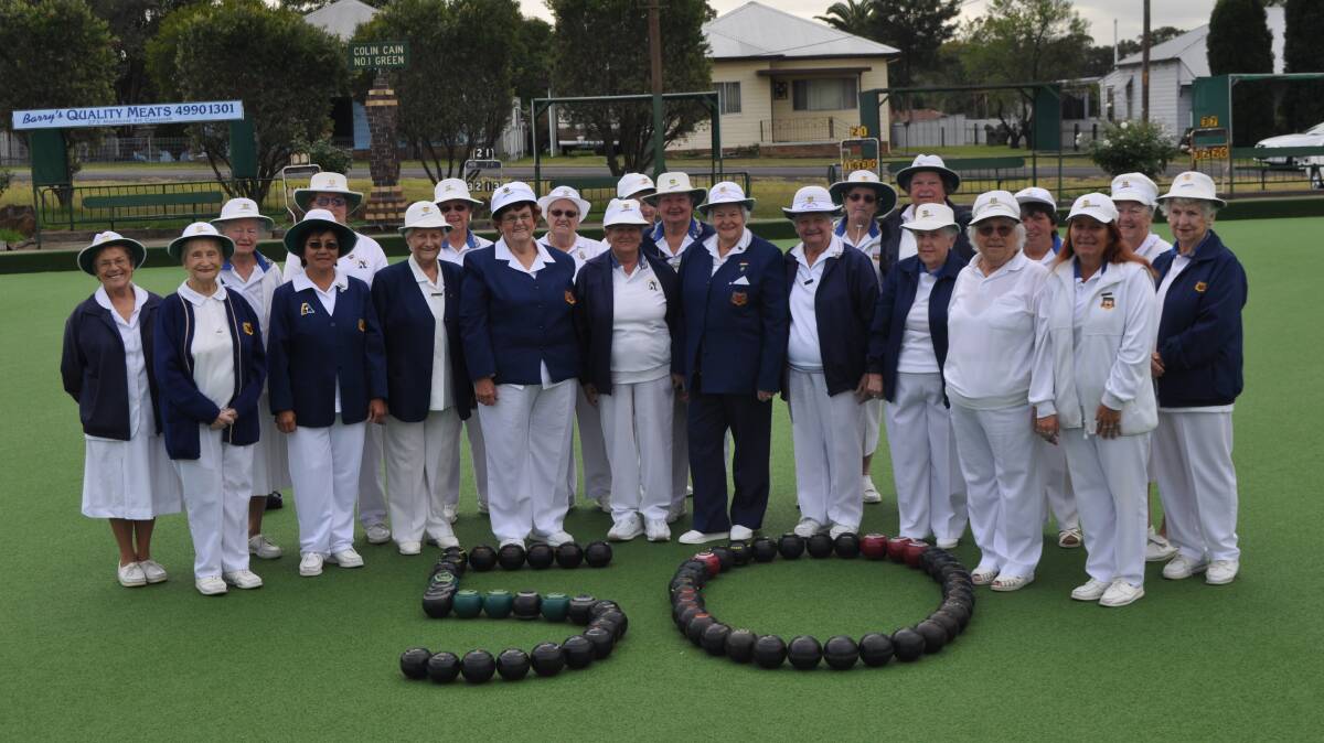GOLDEN EVENT: Abermain Women’s Bowling Club members gather on the green prior to celebrations to mark the club’s 50th anniversary. Picture: Krystal Sellars