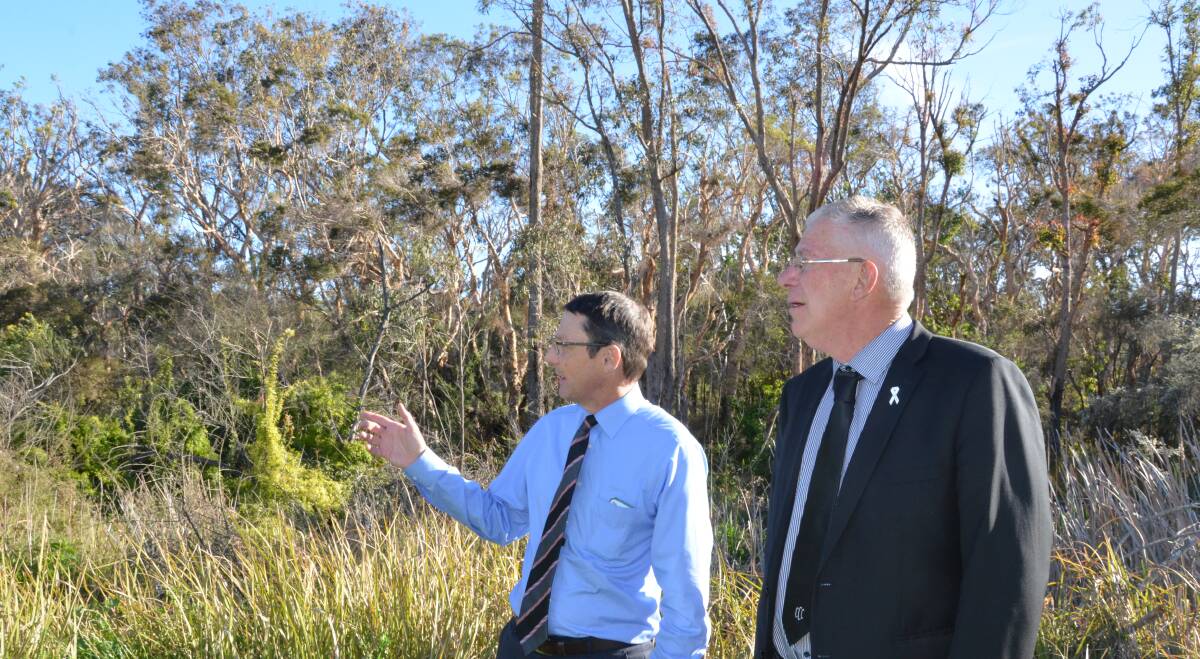 COLONY: Parliamentary Secretary for the Hunter, Scot MacDonald, and Cessnock Mayor Bob Pynsent inspect the damage the bats have done to trees in East Cessnock. Picture: KRYSTAL SELLARS