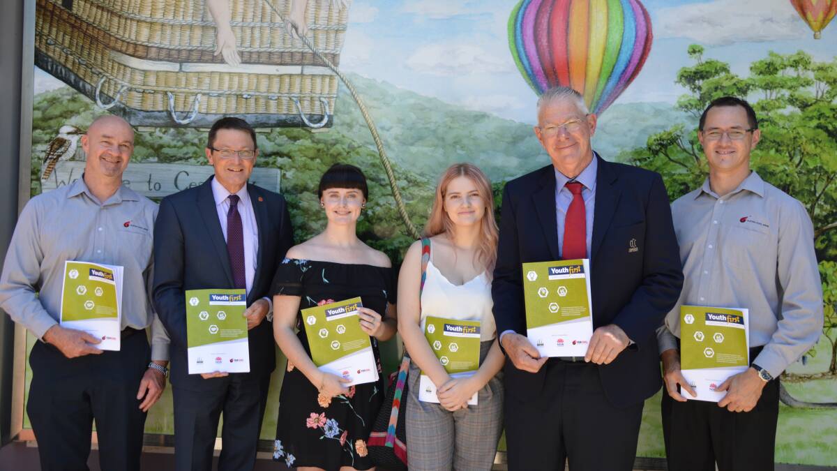 GROUND-BREAKING PROGRAM: Austar operations manager Brian Wesley, Scot MacDonald MLC, Youth First Program participants Phoebe Morris and Courtney Radnidge, Cessnock mayor Bob Pynsent and Austar environment and community manager Gary Mulhearn at the Youth First Program Toolkit launch on November 24.
