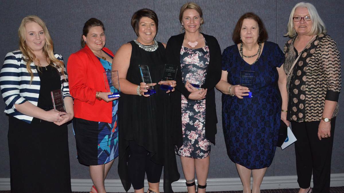 2015: Category winners Kirsten Mitchell (hospitality), Taneil Shoesmith (trade), Kristy Brady (retail and overall winner), Sally Tindall (professional), Therese Mallik (business owner) and Jenny Field (community services).