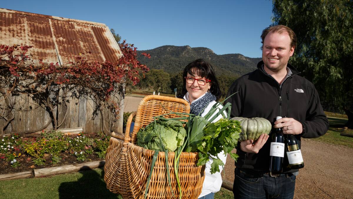 PRODUCE: Hunter Valley Fine Food Markets organiser Elizabeth Armstrong and Tyrrell's winemaker Chris Tyrrell are excited about the market's launch this Saturday. Picture: Max Mason-Hubers