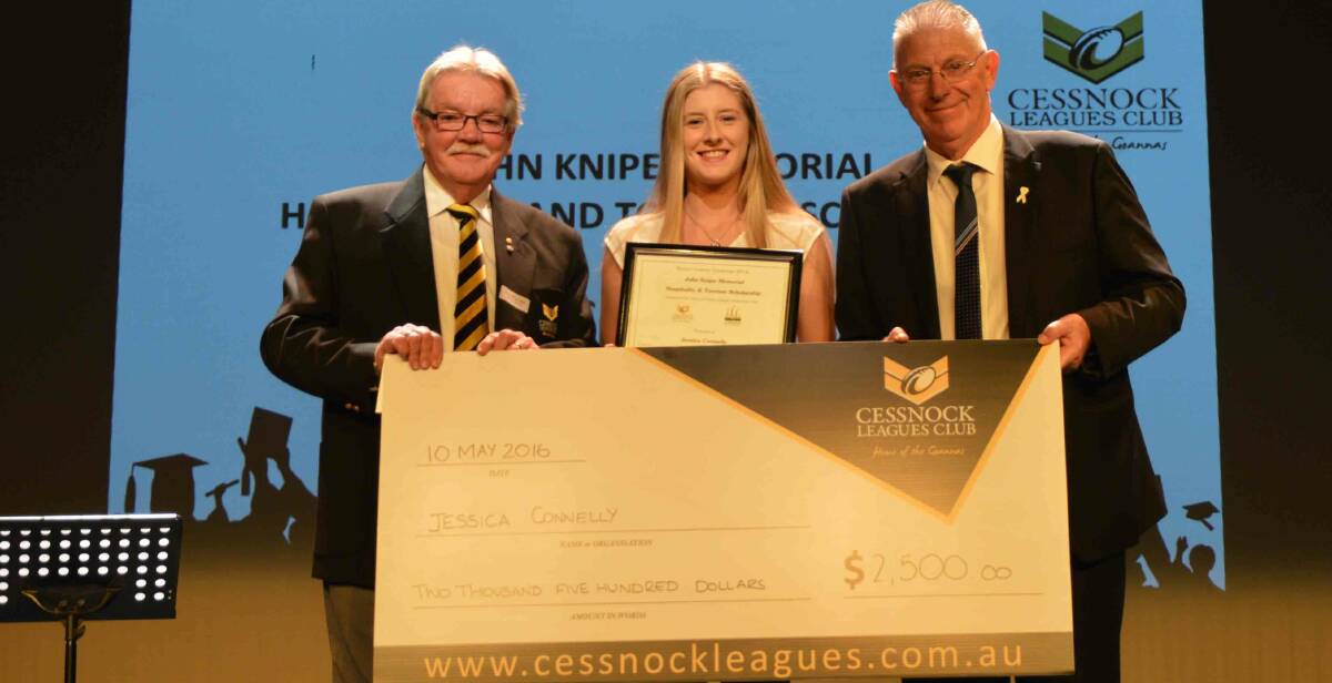 ASSISTANCE: Cessnock Leagues Club president Bruce Wilson and Mayor Bob Pynsent with hospitality and tourism scholarship winner Jessica Connelly.