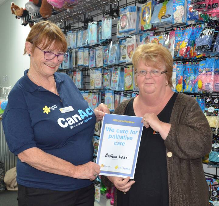 SUPPORT: Cancer Council advocate for Cessnock, Kelly Moylan and Balloon Worx owner Judy Ekert, who signed the I Care for Palliative Care pledge. Picture: Krystal Sellars