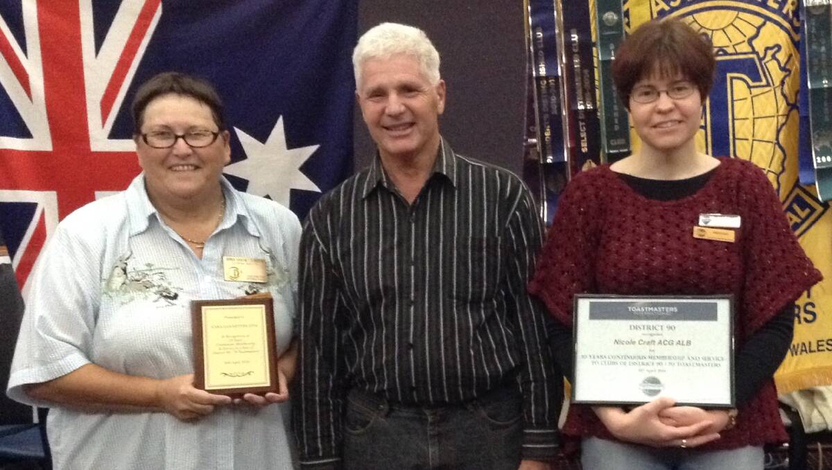 RECOGNITION: Toastmasters area director Stephen Thatcher (centre) congratulates Cessnock City Toastmasters Club members Anna van Netten and Nicole Craft on their service.
