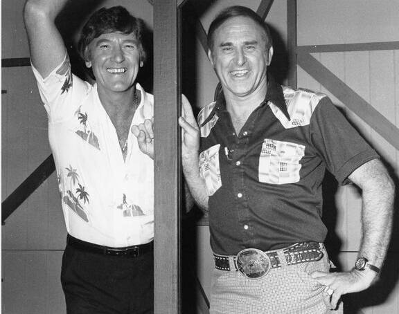 Reg Lindsay (right) with Col Joye on the Reg Lindsay Country Homestead Show in Brisbane in the late 1970s. Picture supplied by Ros Lindsay.