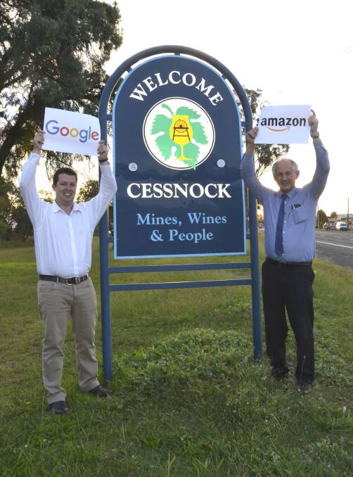 OPEN FOR BUSINESS: Cessnock councillor Jay Suvaal and Cessnock Chamber of Commerce president Geoff Walker would welcome Google and Amazon to Cessnock. Picture: Krystal Sellars