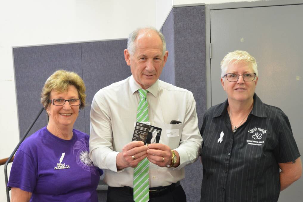 COLLABORATION: BPW Cessnock president Sheila Turnbull, Cessnock Chamber of Commerce president Geoff Walker and Carrie's Place CEO Jan McDonald at the 2016 White Ribbon Breakfast. Picture: Krystal Sellars