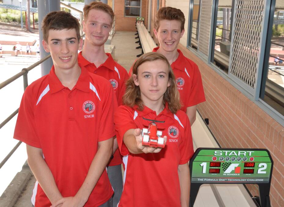 OFF AND RACING: Daniel Lambkin, Jack Stephenson, Connor Minchinton and Liam Whiteley are Revolution Racing, Mount View High's F1 in Schools team. Picture: Krystal Sellars