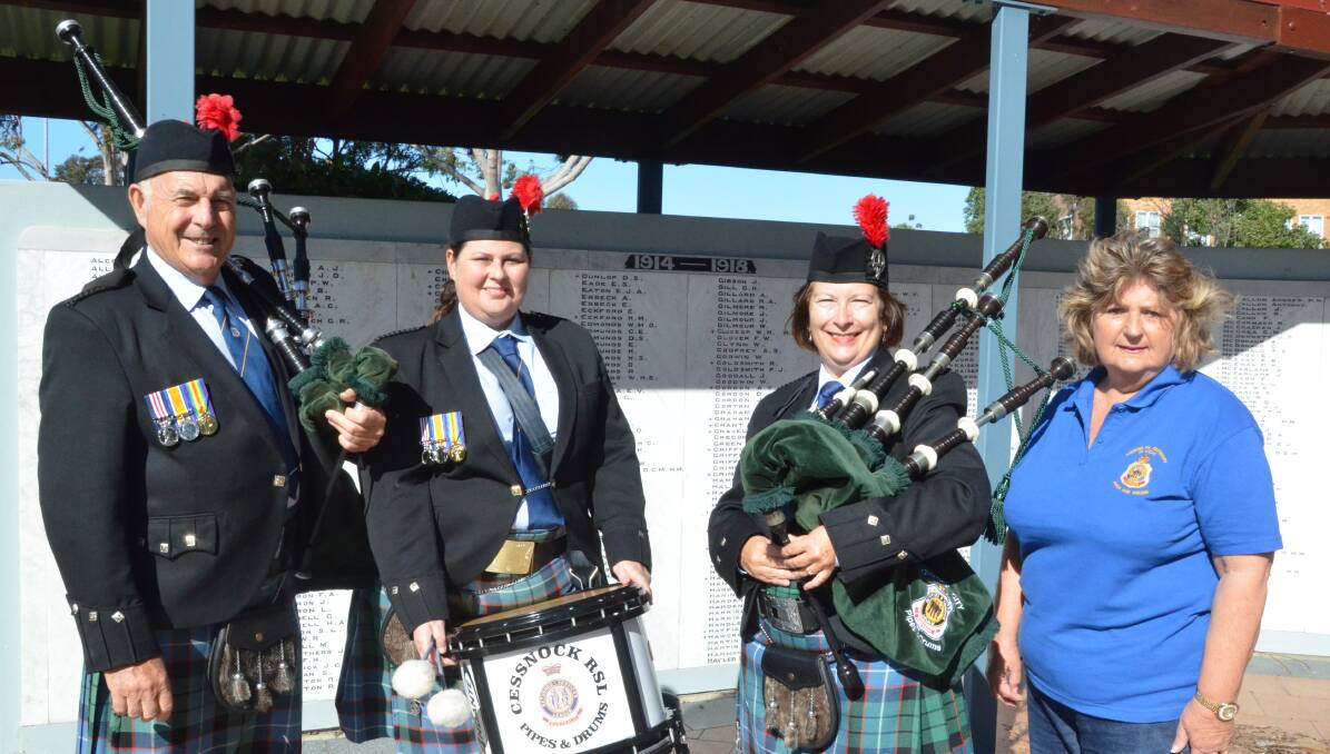 PERFORMANCE: John Edwards, Christine Wyborn, Claudette Dufresne and Marilyn Edwards will travel to France and Belgium in July with the Combined RSL Centenary of ANZAC Pipes and Drums band.