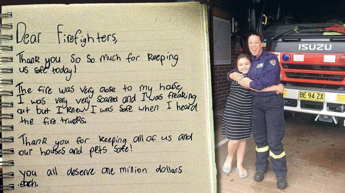 GRATEFUL: Lucy Bailey's letter of thanks to the firefighters, and Lucy with Kurri Kurri retained firefighter Rachael Fullick on Thursday when she delivered the letter. Picture: Holly Bailey