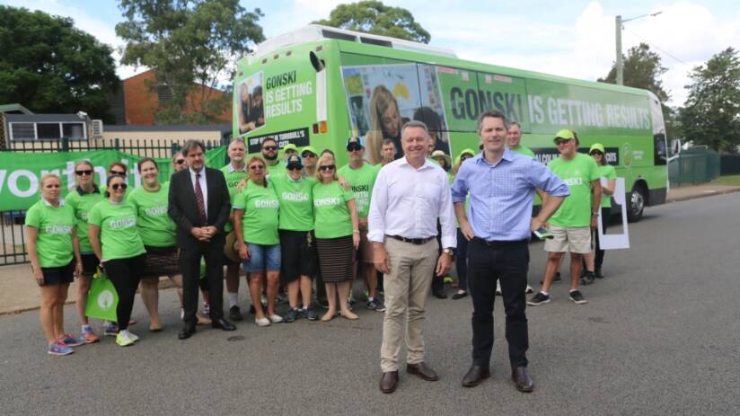 EDUCATION: Member for Hunter Joel Fitzgibbon and shadow minister for trade and investment, resources and Northern Australia, Jason Clare with the Gonski bus in Singleton last week.