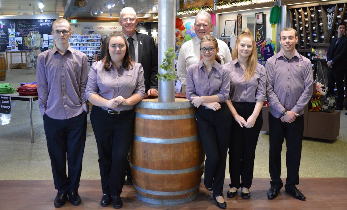 Pictured with Cessnock Mayor Bob Pynsent and Cessnock Council general manager Stephen Glen at the Hunter Valley Visitor Centre, Cessnock City Youth Unemployment Project participants Keagan Bigby-Scott, Kirrily Moore, Reagan Lemarseny, Courtney Radnidge and William Boyd.