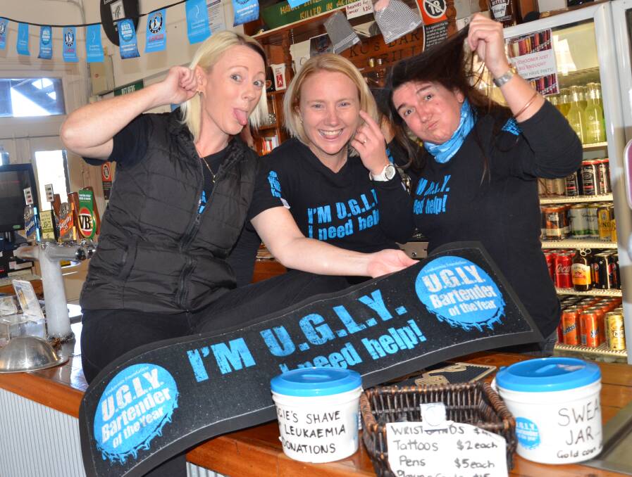 FUN IN FUNDRAISING: Neath Hotel staff Kylie, Liz and Budgie are taking part in the U.G.L.Y. Bartender campaign for the Leukaemia Foundation. Picture: Krystal Sellars