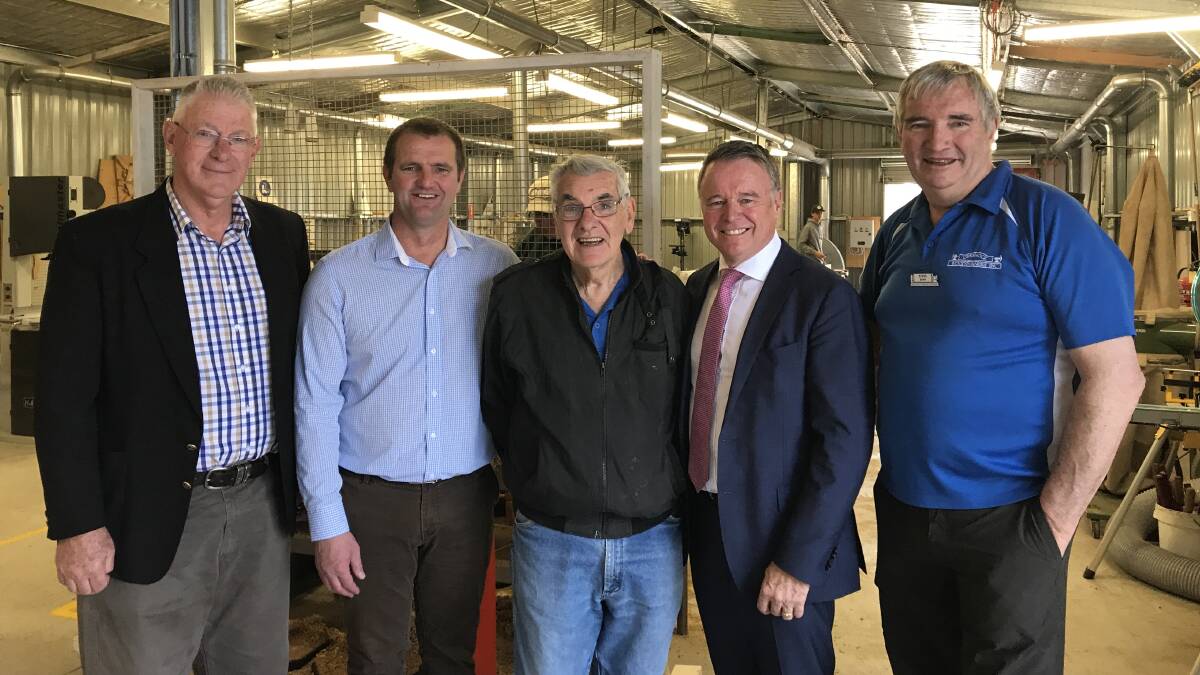 CELEBRATION: Cessnock mayor Bob Pynsent, Member for Cessnock Clayton Barr, Cessnock Woodturners Club hononary life member Peter Chappell, Member for Hunter Joel Fitzgibbon and Cessnock Woodturners Club president Steve Shaw at the club' 20th anniversary open day on September 16. Picture: supplied