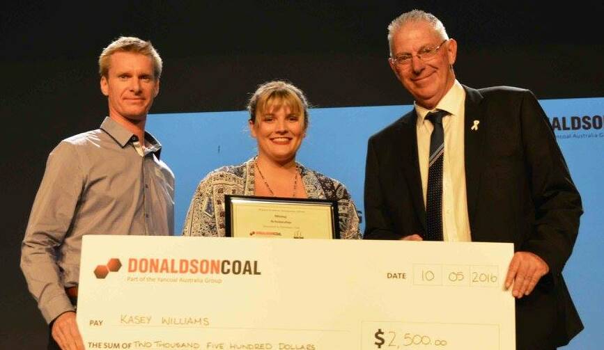 BOOST: Aaron McGuigan from Donaldson Coal Mine, 2016 scholarship recipient Kasey Williams and Cessnock Mayor Bob Pynsent. Picture: Cessnock City Council