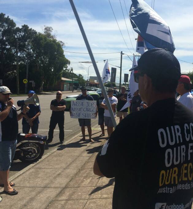 THE WORKERS UNITED: Maritime Union of Australia members protesting at the Raymond Terrace office of Paterson Liberal MP Bob Baldwin on Friday.
