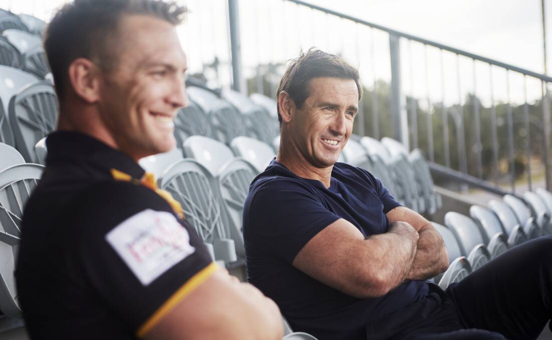 LEGEND: Stonebridge Ambassador Andrew Johns is passionate about the Cessnock area, proud of his humble beginnings and loves coming back to catch up with old mates like Cessnock Goannas RLFC legend Chris Pyne.