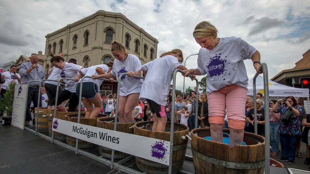 PLANT YOUR FEET: Competitors race to crush as much juice as they can in the hotly contest grape-stomping compeitions.