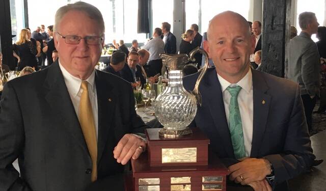 PRESTIGIOUS HONOUR: Bruce Tyrrell received the Graham Gregory Award from Minister for Primary Industries, Niall Blair at the NSW Wine Awards.
