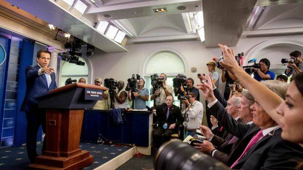 Anthony Scaramucci takes questions from the media during the daily press briefing.  Photo: AP
