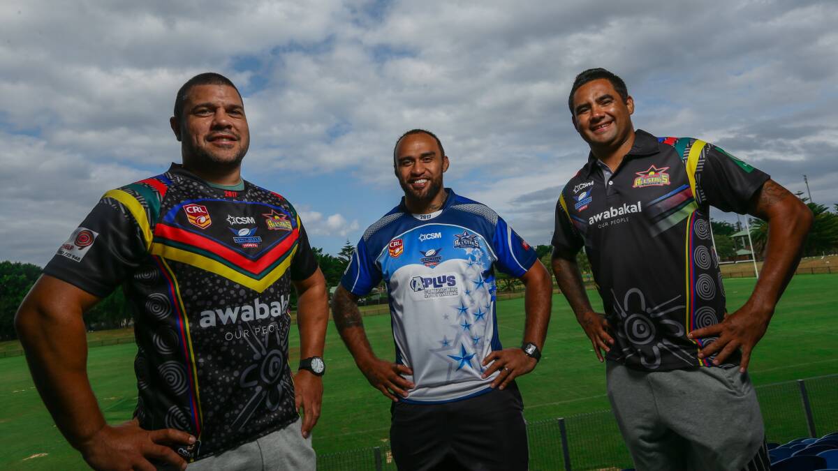 KICK OFF: All Stars trio Scott Briggs, Mark Taufua and Jade Porter unveil the uniforms for March 4 at No.2 Sportsground. Picture: Jonathan Carroll