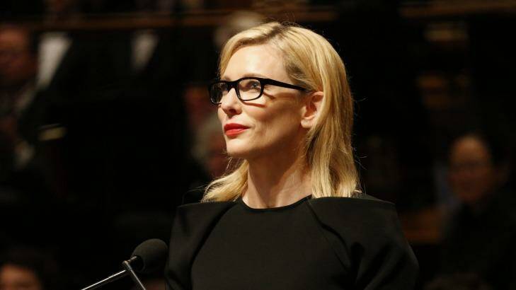 Cate Blanchett, pictured speaking at Gough Whitlam's funeral last year, will be the star attraction at a Tanya Plibersek fundraiser next month.
 Photo: Peter Rae