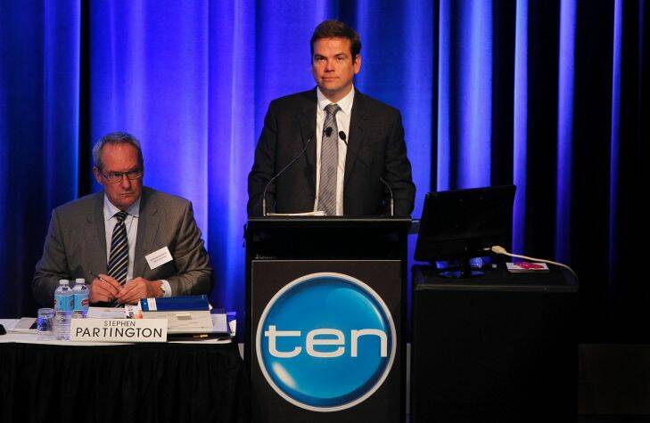 CHANNEL 10.AFR.18 DECEMBER 2013.Photo by ROB HOMER ......... channel 10 agm for 2013 held at the wesley centre in sydney (left to right)STEPHEN PARTINGTON company sec and LACHLAN MURDOCH chairman Murdoch Ten AGM