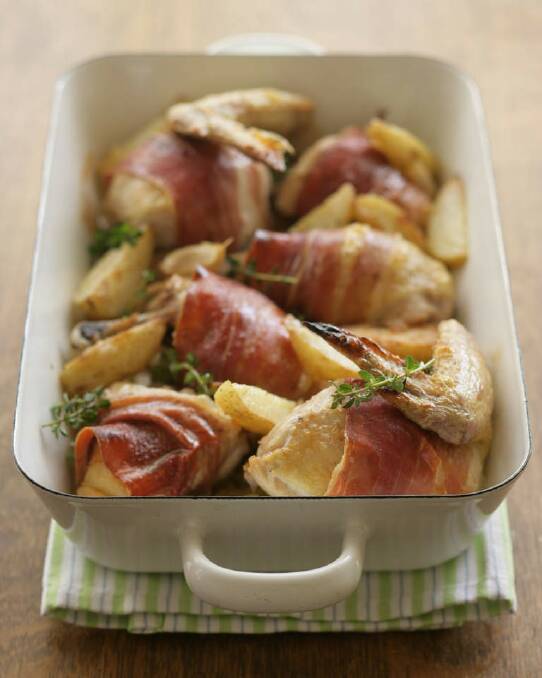 One-pot wonder: Quick roast chicken with prosciutto and potato wedges <a href="http://www.goodfood.com.au/good-food/cook/recipe/quick-roast-chicken-with-prosciutto-and-potato-wedges-20111018-29wyp.html"><b>(recipe here).</b></a> Photo: Marina Oliphant