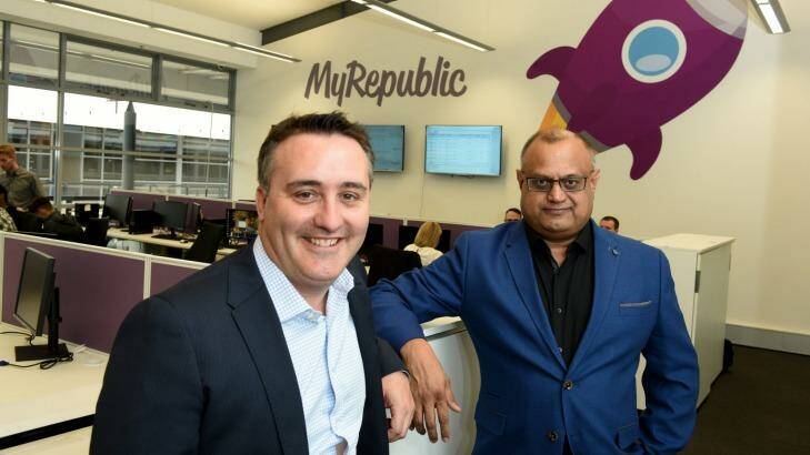 MyRepublic Australia's Managing Director Nicholas Demos and CEO Malcolm Rodrigues in their Sydney office. Photo: Steven Siewert