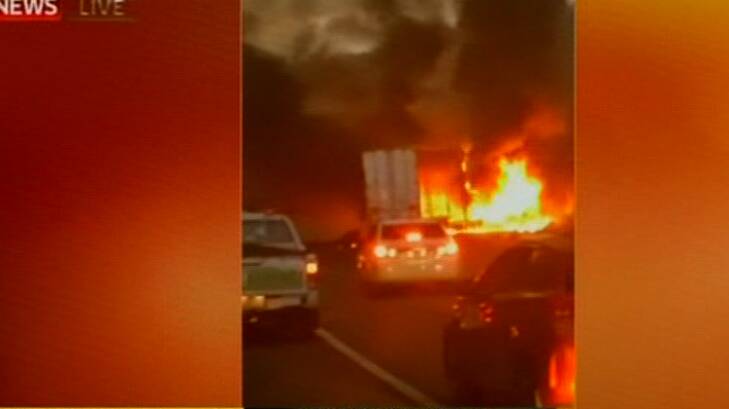 The truck hit a wall, bursting into flames on the M1 early on Monday morning.  Photo: Sky News
