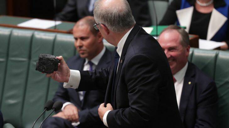 Treasurer Scott Morrison with a lump of coal during question time at Parliament House in Canberra on Thursday 9 February 2017. Photo: Andrew Meares 
