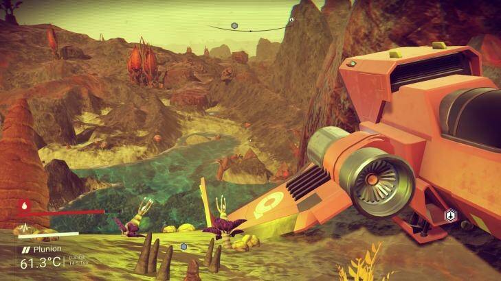After a dozen hours or so of play I was exploring another dusty hot planet only to discover something I hadn't seen before — a bright green lagoon with creatures gathered around drinking and a submerged save-point beacon.