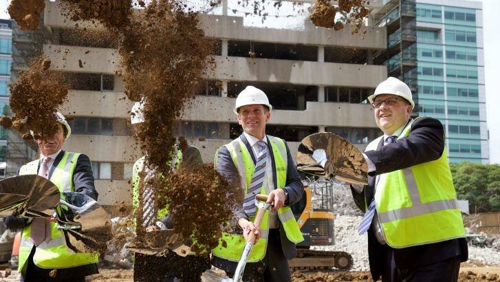 NSW Premier Mike Baird and Leighton Properties'  Andrew Borger turn the first sod to mark the official start of construction of the University of Western Sydney's new Parramatta high-rise campus.
 Photo: Wolter Peeters