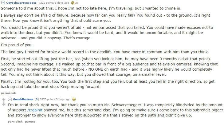 'Don't be afraid of failure': Arnie's inspiring post to the teen on Reddit.  Photo: Reddit