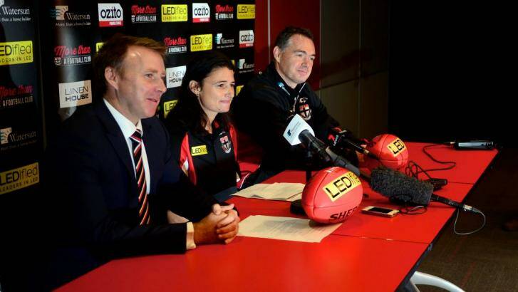 One of the first appointment by new St Kilda CEO Matt Finnis, left, was Peta Searle as an assistant coach, June 2nd. Photo: Peta Searle