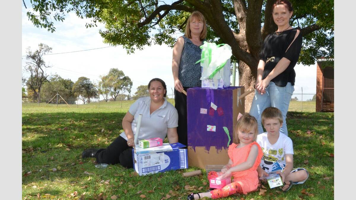 Back, Early Links coordinator Cherie Pauling and committee member Suzanne Briggs and at front Hunter Prelude community activity coordinator Teineka Silva and Bell and JW Butler ready for the Hunter Global Cardboard Box Challenge.