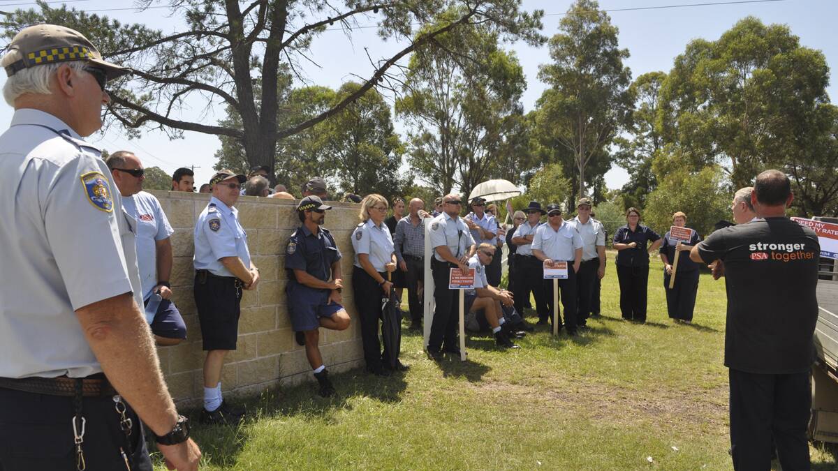 RALLY: Officers Paul Jones and Geoff Kelty addressing Cessnock Correctional Centre staff at the stop-work meeting on Wednesday.