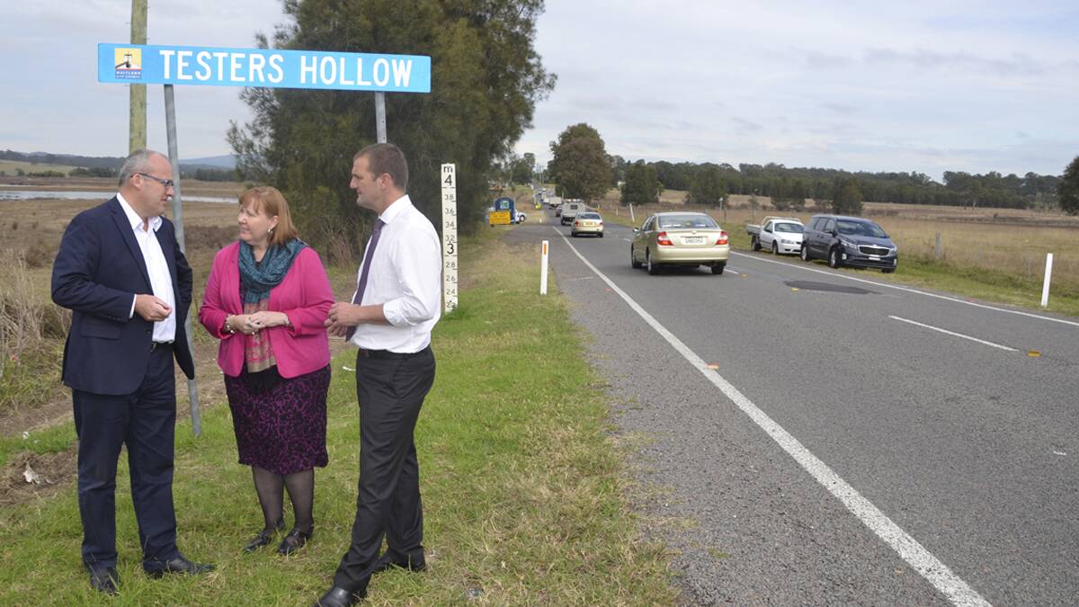 HOT TOPIC: Opposition leader Luke Foley, Maitland MP Jenny Aitchison and Cessnock MP Clayton Barr at Testers Hollow on May 19.