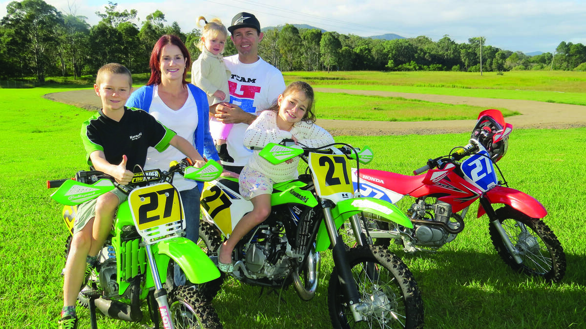 CHAMP: Junior motorcyclist Max Stauffer with mum Emma, sisters Ruby and Abby.