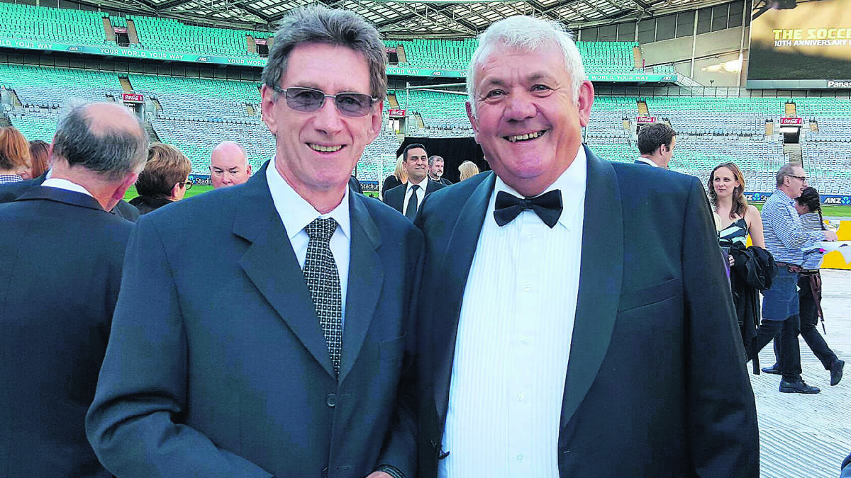 REUNION: Bill Rorke and John Roberts at the Football Federation Australia gala at ANZ Stadium on November 16.
