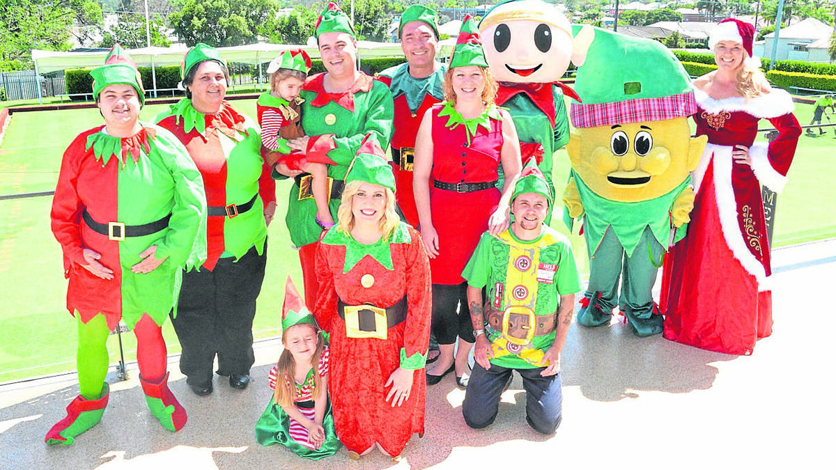 DRESSED UP: Douglas Madafiglio, Fiona Madafiglio, Bronte Gibson, Bryce Gibson, Adrian Buckley, Emmie Hallett, Sharon Apperley, Jacquie Condran, Amanda Barrass, and at front, Matilda Gibson, Mellissa Gibson and Michael Murphy are all ready and excited for the Great Cessnock Christmas Elf Challenge. 