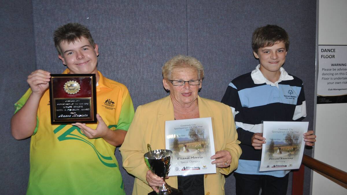 Winner for junior athlete with a disability Ranon Holstein, with coach and administrator of the year Ellena Morris and junior nominee Denver Kearney (swimming). 