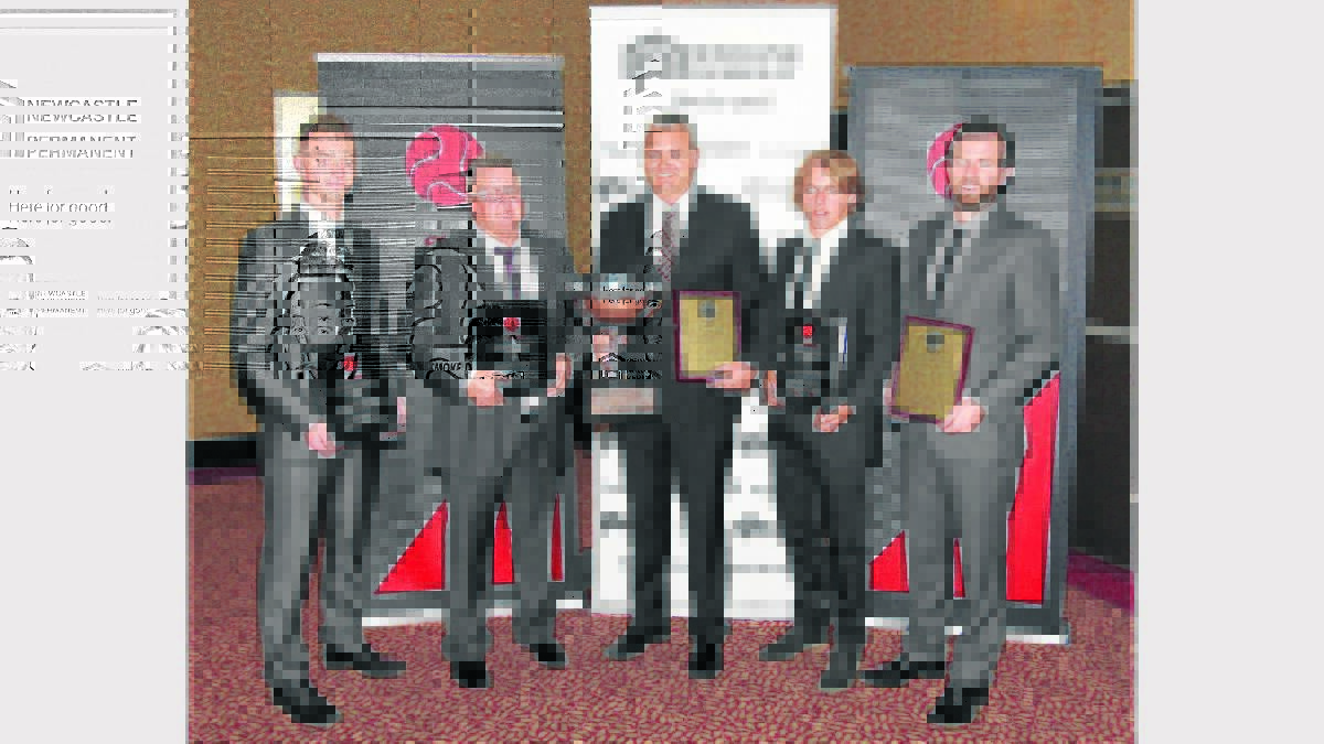 DOMINANT: Pictured at the Northern NSW Football awards, Weston’s Zac Sneddon (rookie of the year), former Bears coach Steve Piggott (coach of the year), Newcastle Jets Youth coach James Pascoe (NPL Premiers), Weston’s Connor Evans (player of the year) and Bears club captain Carl Thornton, with the club of the year award.